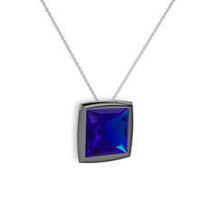 Lab safir 925 ayar siyah rodyum kaplama gümüş kolye (40 cm beyaz altın rolo zincir)