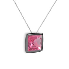 Pembe kuvars 925 ayar siyah rodyum kaplama gümüş kolye (40 cm beyaz altın rolo zincir)