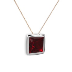 Tenda Kare Kolye - Garnet 18 ayar beyaz altın kolye (40 cm rose altın rolo zincir) #1tebtgb