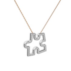 Puzzle Parça Kolye - Beyaz zirkon 14 ayar beyaz altın kolye (40 cm rose altın rolo zincir) #15qibl0