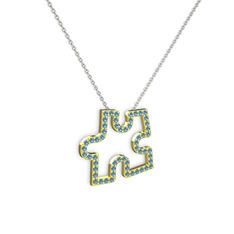 Puzzle Parça Kolye - Akuamarin 925 ayar altın kaplama gümüş kolye (40 cm beyaz altın rolo zincir) #1hx7bkt