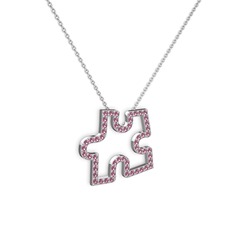 Pembe kuvars 14 ayar beyaz altın kolye (40 cm gümüş rolo zincir)
