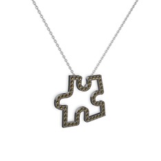 Puzzle Parça Kolye - Dumanlı kuvars 925 ayar siyah rodyum kaplama gümüş kolye (40 cm beyaz altın rolo zincir) #55ofgy