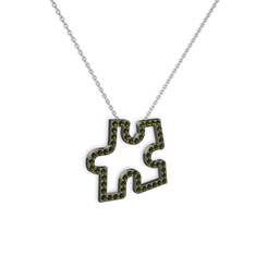 Puzzle Parça Kolye - Peridot 925 ayar siyah rodyum kaplama gümüş kolye (40 cm beyaz altın rolo zincir) #pincqu
