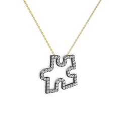 Puzzle Parça Kolye - Beyaz zirkon 925 ayar siyah rodyum kaplama gümüş kolye (40 cm altın rolo zincir) #x95rw3