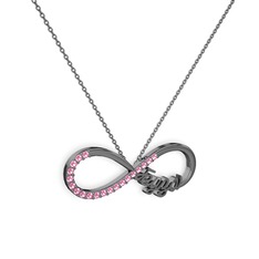 İsimli Sonsuzluk kolye - Pembe kuvars 925 ayar siyah rodyum kaplama gümüş kolye (40 cm gümüş rolo zincir) #1jwptm9