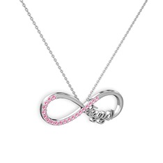 İsimli Sonsuzluk kolye - Pembe kuvars 18 ayar beyaz altın kolye (40 cm gümüş rolo zincir) #1uc0leg