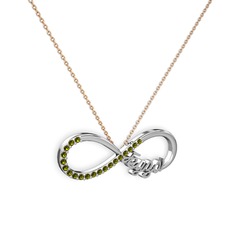 İsimli Sonsuzluk kolye - Peridot 18 ayar beyaz altın kolye (40 cm rose altın rolo zincir) #2bhcer