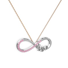 İsimli Sonsuzluk kolye - Pembe kuvars 8 ayar beyaz altın kolye (40 cm rose altın rolo zincir) #auy986