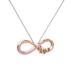 İsimli Sonsuzluk kolye - Pembe kuvars 8 ayar rose altın kolye (40 cm beyaz altın rolo zincir) #vfqmqu