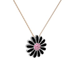 Papatya Kolye - Pembe kuvars 18 ayar beyaz altın kolye (Siyah mineli, 40 cm rose altın rolo zincir) #105n92y