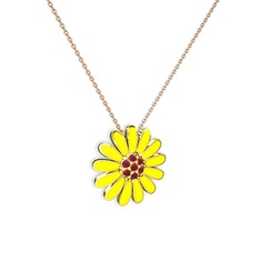 Papatya Kolye - Kök yakut 18 ayar altın kolye (Sarı mineli, 40 cm rose altın rolo zincir) #107pn2a