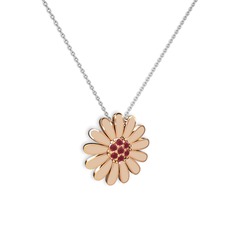 Papatya Kolye - Kök yakut 8 ayar rose altın kolye (Ekru mineli, 40 cm beyaz altın rolo zincir) #10ia466