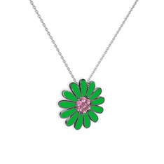 Papatya Kolye - Pembe kuvars 925 ayar siyah rodyum kaplama gümüş kolye (Yeşil mineli, 40 cm beyaz altın rolo zincir) #12een0e
