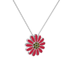 Papatya Kolye - Peridot 18 ayar beyaz altın kolye (Kırmızı mineli, 40 cm gümüş rolo zincir) #12lxd4w