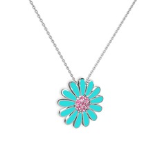 Papatya Kolye - Pembe kuvars 18 ayar beyaz altın kolye (Turkuaz mineli, 40 cm beyaz altın rolo zincir) #13ra48a