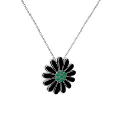 Papatya Kolye - Kök zümrüt 925 ayar siyah rodyum kaplama gümüş kolye (Siyah mineli, 40 cm beyaz altın rolo zincir) #14k9il9