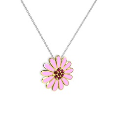 Papatya Kolye - Rodolit garnet 925 ayar altın kaplama gümüş kolye (Pembe mineli, 40 cm beyaz altın rolo zincir) #14yql60