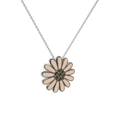 Papatya Kolye - Dumanlı kuvars 925 ayar siyah rodyum kaplama gümüş kolye (Ekru mineli, 40 cm beyaz altın rolo zincir) #15fzpg9