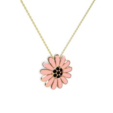 Siyah zirkon 8 ayar rose altın kolye (Pastel pembe mineli, 40 cm altın rolo zincir)