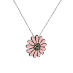 Papatya Kolye - Dumanlı kuvars 925 ayar siyah rodyum kaplama gümüş kolye (Pastel pembe mineli, 40 cm gümüş rolo zincir) #186wnyk