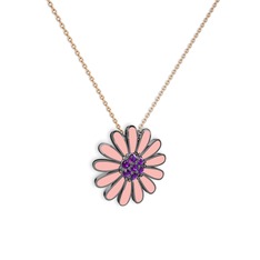 Papatya Kolye - Ametist 925 ayar siyah rodyum kaplama gümüş kolye (Pastel pembe mineli, 40 cm rose altın rolo zincir) #19dghep