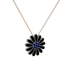 Papatya Kolye - Lab safir 925 ayar siyah rodyum kaplama gümüş kolye (Siyah mineli, 40 cm rose altın rolo zincir) #1cq9m3a