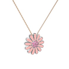 Pembe kuvars 14 ayar beyaz altın kolye (Pastel pembe mineli, 40 cm rose altın rolo zincir)