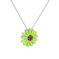 Papatya Kolye - Garnet 14 ayar beyaz altın kolye (Neon yeşil mineli, 40 cm gümüş rolo zincir) #1e5lov5