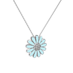 Papatya Kolye - Beyaz zirkon 18 ayar beyaz altın kolye (Pastel mavi mineli, 40 cm gümüş rolo zincir) #1gootc2