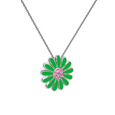 Papatya Kolye - Pembe kuvars 8 ayar beyaz altın kolye (Yeşil mineli, 40 cm gümüş rolo zincir) #1gr7hzk