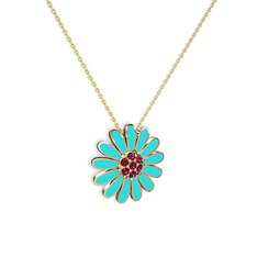 Papatya Kolye - Rodolit garnet 925 ayar rose altın kaplama gümüş kolye (Turkuaz mineli, 40 cm gümüş rolo zincir) #1h54ngi