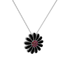 Papatya Kolye - Rodolit garnet 925 ayar siyah rodyum kaplama gümüş kolye (Siyah mineli, 40 cm gümüş rolo zincir) #1hci4zs