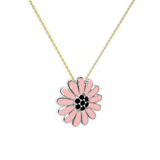 Papatya Kolye - Siyah zirkon 8 ayar beyaz altın kolye (Pastel pembe mineli, 40 cm altın rolo zincir) #1hdoktz