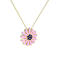 Lab safir 925 ayar altın kaplama gümüş kolye (Pembe mineli, 40 cm altın rolo zincir)