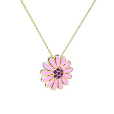 Ametist 925 ayar altın kaplama gümüş kolye (Pembe mineli, 40 cm altın rolo zincir)
