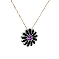 Papatya Kolye - Ametist 8 ayar beyaz altın kolye (Siyah mineli, 40 cm rose altın rolo zincir) #1omkg70
