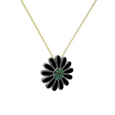 Papatya Kolye - Yeşil kuvars 925 ayar siyah rodyum kaplama gümüş kolye (Siyah mineli, 40 cm altın rolo zincir) #1q8f78l