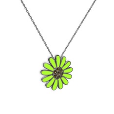 Papatya Kolye - Dumanlı kuvars 925 ayar siyah rodyum kaplama gümüş kolye (Neon yeşil mineli, 40 cm gümüş rolo zincir) #1qjc6as