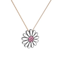 Pembe kuvars 925 ayar siyah rodyum kaplama gümüş kolye (Beyaz mineli, 40 cm rose altın rolo zincir)