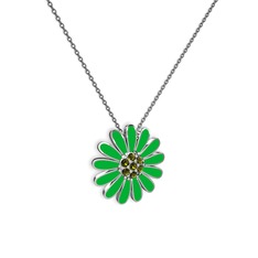 Papatya Kolye - Peridot 14 ayar beyaz altın kolye (Yeşil mineli, 40 cm gümüş rolo zincir) #1x3pspr