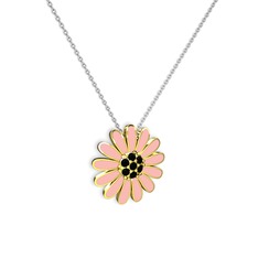 Papatya Kolye - Siyah zirkon 925 ayar altın kaplama gümüş kolye (Pastel pembe mineli, 40 cm beyaz altın rolo zincir) #1y322tp