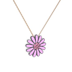 Papatya Kolye - Pembe kuvars 925 ayar siyah rodyum kaplama gümüş kolye (Pembe mineli, 40 cm rose altın rolo zincir) #2x40uv