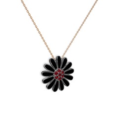 Papatya Kolye - Garnet 925 ayar siyah rodyum kaplama gümüş kolye (Siyah mineli, 40 cm rose altın rolo zincir) #337eei