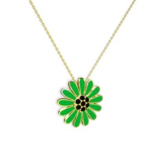 Papatya Kolye - Siyah zirkon 14 ayar altın kolye (Yeşil mineli, 40 cm gümüş rolo zincir) #3c5afk