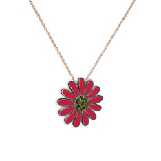 Papatya Kolye - Peridot 925 ayar siyah rodyum kaplama gümüş kolye (Kırmızı mineli, 40 cm rose altın rolo zincir) #493g7s