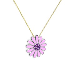 Ametist 14 ayar beyaz altın kolye (Pembe mineli, 40 cm gümüş rolo zincir)
