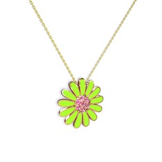 Papatya Kolye - Pembe kuvars 925 ayar rose altın kaplama gümüş kolye (Neon yeşil mineli, 40 cm altın rolo zincir) #5ar90e