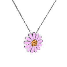 Papatya Kolye - Sitrin 14 ayar beyaz altın kolye (Pembe mineli, 40 cm gümüş rolo zincir) #5rstby