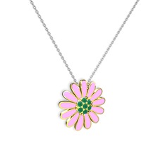 Papatya Kolye - Kök zümrüt 18 ayar altın kolye (Pembe mineli, 40 cm beyaz altın rolo zincir) #5zoi6b